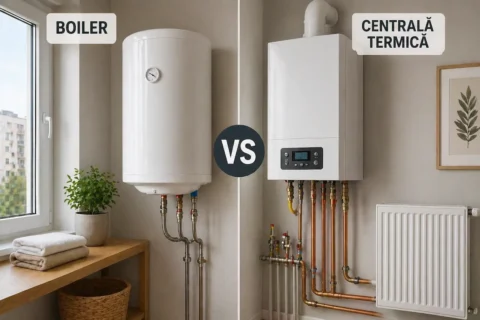 Boiler electric și centrală termică într-un apartament din București, ilustrând diferențele dintre cele două soluții
